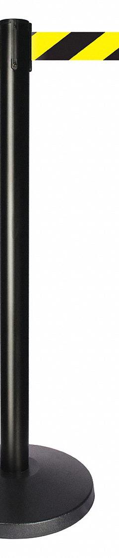 QUEUEWAY Barrier Post with Belt: Black/Yellow, Chevron, No Legend, 10 ft Belt Lg, Black (MPN QPLUS-33-D4). Key specifications — Base Material: ABS; Belt Color: Black/Yellow; Brand: QUEUEWAY; Post Material: Metal Alloy; Post Color: Black; Message: No Legend.