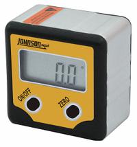 JOHNSON LEVEL Digital Angle Finder: 2 in Overall Ht, 0°to 180°, Included, LCD, Batteries Included (MPN 1886-0100). Key specifications — attr936230: Aluminum; attr936214: ± 0.1°; attr936215: JOHNSON LEVEL; attr936216: 3V Li-Ion; attr936223: LCD; attr938125: Included.