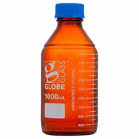 GLOBE SCIENTIFIC Media Bottle: 1 L, Screw-On, GL45, 225 mm, Amber, Closure Included, Wide Mouth Size (MPN 8111000). Key specifications — Closure Type: Screw-On; Mouth Size: Wide; Screw Closure Size: GL45; Brand: GLOBE SCIENTIFIC; Body Color: Amber.