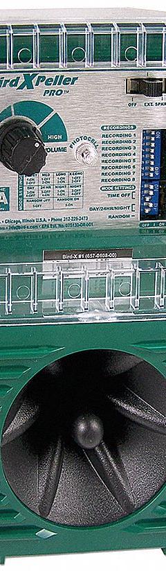 BIRD-X Electronic Bird Repeller: 1 acre Coverage Area, Wall Mount, Electric, 110 dB Max Volume (MPN BXP-PRO1-220). Key specifications — Manufacturer Part Number: BXP-PRO1-220; Brand: BIRD-X; Mounting Type: Wall Mount; Power Source: Electric; Targeted Animals: Pigeons; Voltage: 220V DC.