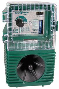 BIRD-X Electronic Bird Repeller: 1 acre Coverage Area, Wall Mount, Electric, 110 dB Max Volume (MPN BXP-PRO1-220). Key specifications — Manufacturer Part Number: BXP-PRO1-220; Brand: BIRD-X; Mounting Type: Wall Mount; Power Source: Electric; Targeted Animals: Pigeons; Voltage: 220V DC.