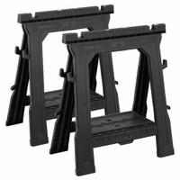 STANLEY Folding Sawhorse: Fixed Ht, Plastic, 27 3/20 in Overall Wd, 2 PK (MPN 060864R). Key specifications — Height Adjustability: Fixed Height; Brand: STANLEY; Portability: Fold-Up Legs; Top Material: Plastic; Included Components: No Additional Components; Clamping System: Built-In V-Grooves; Assembly: Fully Assembled; Display Sell UOM: PK.