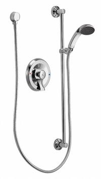 MOEN Shower Faucet: Commercial Posi-Temp T8346, 2.5 gpm Fixed Showerhead Flow Rate, Brass/Metal. Key specifications — Showerhead Material: Metal; Series: Commercial Posi-Temp T8346.