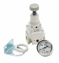 SMC Precision Compressed Air Regulator: Aluminum, 1/4 in Rc, 1,900 lpm, 1 MPa Max Op Pressure, Knob (MPN IR2000-02BG-A). Key specifications — attr111664: Yes; attr111400: SMC; attr111627: SMC.