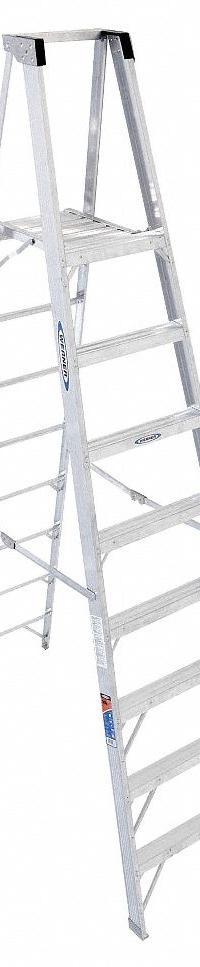 WERNER Platform Stepladder: 8 ft Ladder Size, Aluminum, 300 lb Load Capacity, 32 lb Wt (MPN P378). Key specifications — Brand: WERNER; Included Features: Guard Rail.