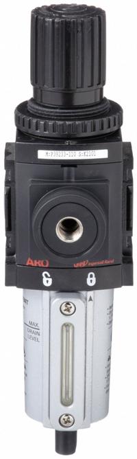 ARO Filter-Regulator: 1500 Series, 3/8 in NPT, 90 cfm, 0.3 micron, 0 psi to 140 psi, Manual Drain (MPN P39233-110). Key specifications — attr109419: ARO; attr109429: Aluminum; attr109463: No; attr109468: 1500.