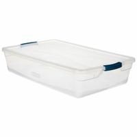 RUBBERMAID Storage Tote: 10.3 gal, 29 in x 17 3/4 in x 6 1/8 in, Clear Body, Clear Lid, 10 to 20 gal (MPN RMCC410001). Key specifications — attr1188666: Plastic; attr1188671: Rounded; attr1188675: Clear; attr1188676: Clear; attr1188687: RUBBERMAID; attr1188688: Not NSF Certified; attr1188689: Nesting Capable.