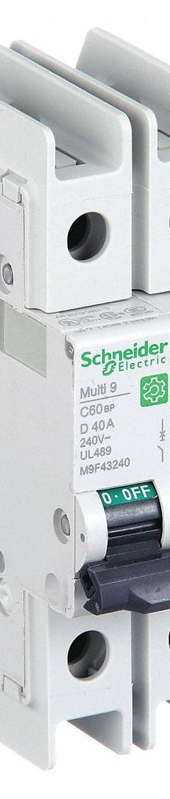 SCHNEIDER ELECTRIC IEC Miniature Circuit Breaker: 40 A Amps, 14kA at 120/240V AC, Screw Clamp, C60BP (MPN M9F43240). Key specifications — attr195863: Not Rated; attr211132: SCHNEIDER; attr195864: 14kA at 120/240V AC; attr195865: Screw Clamp; attr195867: 240V AC.