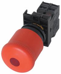 EATON Emergency Stop Push Button: Illuminated, Mushroom Head Profile, Non-Metallic, 22 mm, 1NC (MPN M22-PVL-K01-230R). Key specifications — Brand: EATON; Action: Maintained; Series: M22; Push Button Material Type: Non-Metallic.