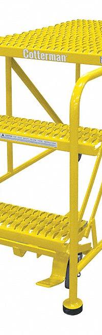 COTTERMAN Work Platform: 2.5 ft Platform Ht - Max, 24 in x 36 in, Steel, 800 lb Load Capacity (MPN 3WP2436A3B8AC2P6). Key specifications — Folding: Not Foldable; Mobility: Rolling; Components Included: Rubber Foot Pads; Use Location: Indoor; Brand: COTTERMAN; Color: Yellow; Height Adjustability: Fixed Height; Includes Handrails: Handrails Not Included.