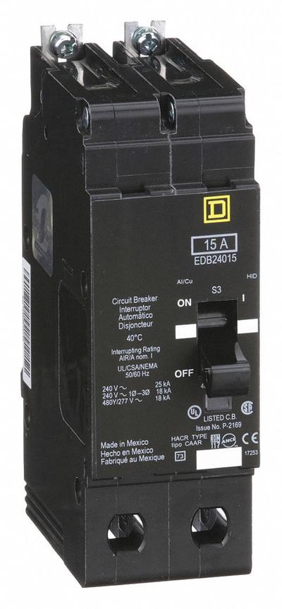 SQUARE D Miniature Circuit Breaker: 15 A, 277/480V AC, Single Phase, 18kA at 277/480V AC - EDB & EGB Series, Bolt-On Square D Miniature Circuit Breakers
