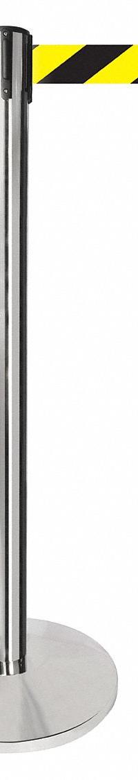 QUEUEWAY Barrier Post with Belt: Black/Yellow, Chevron, No Legend, 10 ft Belt Lg, Silver (MPN QPLUS-1P-D4). Key specifications — Base Material: Metal Alloy; Belt Color: Black/Yellow; Brand: QUEUEWAY; Post Material: Metal Alloy; Post Color: Silver; Message: No Legend.