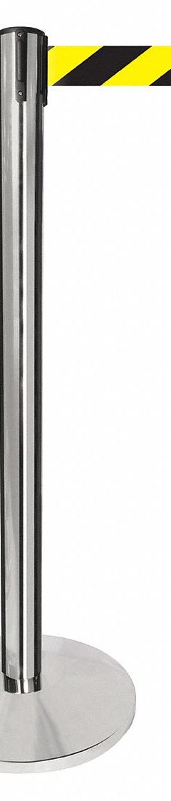 QUEUEWAY Barrier Post with Belt: Black/Yellow, Chevron, No Legend, 10 ft Belt Lg, Silver (MPN QPLUS-1P-D4). Key specifications — Base Material: Metal Alloy; Belt Color: Black/Yellow; Brand: QUEUEWAY; Post Material: Metal Alloy; Post Color: Silver; Message: No Legend.