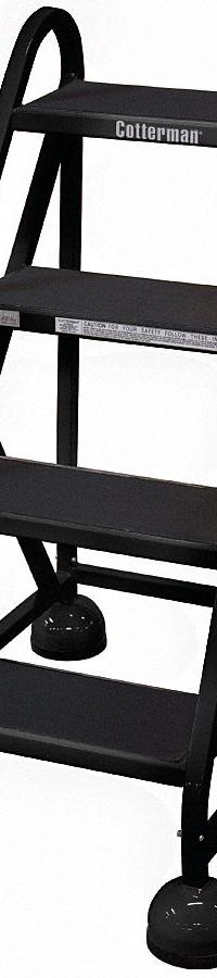 COTTERMAN Rolling Ladder: 3 ft Platform Ht, Assembled, Steel, Wt-Actuated Auto-Lock, Ribbed (MPN ST-400 A2 C7 P5). Key specifications — Includes Handrails: Handrails Not Included; Material: Steel; Brand: COTTERMAN; Color: Black.