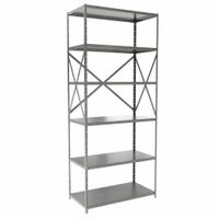 HALLOWELL Metal Shelving: Standalone, Heavy-Duty, 36 in x 18 in, 84 in Overall Ht, 6 Shelves (MPN F7511-18HG). Key specifications — attr41760: Steel; attr41761: Steel; attr37625: Unassembled; attr37628: Gray; attr33609: HALLOWELL.