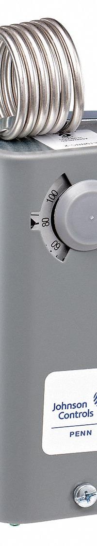 JOHNSON CONTROLS Line Volt Mechanical Tstat: Heat or Cool, Steel, 30° to 110°F, 3.5°F, 24 to 277V AC (MPN A19BAC-1C). Key specifications — attr400419: 24 to 277V AC; attr400424: SPDT, Open/Close on Rise; attr400415: 30° to 110°F; attr400417: 3.5°F; attr400418: Hydraulic Air Coil; attr400408: Heat or Cool; attr408361: JOHNSON CONTROLS; attr400410: Steel.