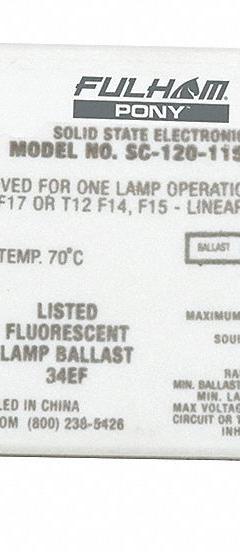 FULHAM Fluorescent Ballast: 120V AC, 1 Lamps Supported, 15 W Bulb Watt, 3 1/8 in Overall Lg (MPN SC-120-115-CT8). Key specifications — Lamp Types Supported: (1) F17T8; Brand: FULHAM; Number of Lamps Supported: 1.