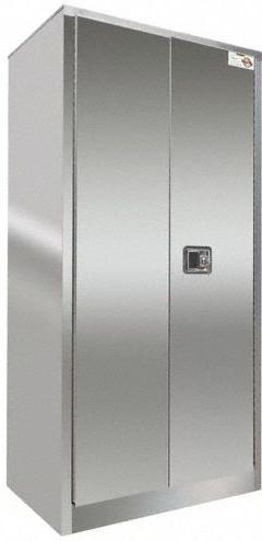 SECURALL Storage Cabinet: 36 in x 18 in x 84 in, Flush Handle Handle & Latch, 18 ga Panel Thick (MPN 106-sw-ss). Key specifications — Door Type: Hinged; Cabinet Color: Silver; Base Type: Leveling Feet; Assembled: Assembled; Mobility: Stationary; Adjustable Shelves: Adjustable; Cabinet Finish: Brushed; Door Handle Type: Flush Handle.