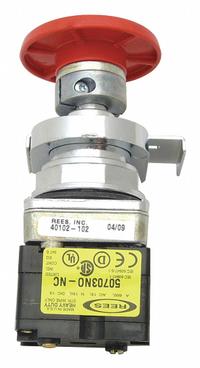 REES Emergency Stop Push Button: Non-Illuminated, Mushroom Head Profile, Non-Metallic, 30 mm (MPN 40102-102). Key specifications — Brand: REES; Action: Maintained; Push Button Material Type: Non-Metallic.