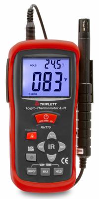 TRIPLETT Hygro Thermometer with Remote Probe/IR: Cabled, 5.9 in x 2.8 in x 1.4 in, -4°F to 140°F (MPN RHT70). Key specifications — attr1107597: TRIPLETT; attr1134764: Not Included.