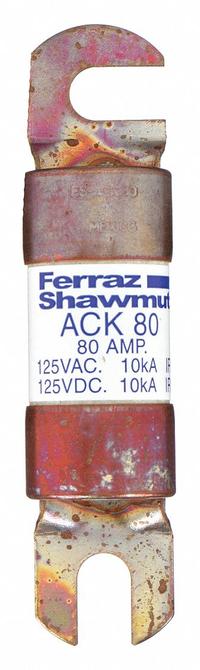 MERSEN Forklift Limiter Fuse: ACK Series, Bolt-On, Gen Purpose, 80 A, 125 V DC, Non-Indicating (MPN ACK80). Key specifications — Brand: MERSEN; Series: ACK.