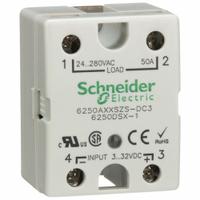 SCHNEIDER Solid State Relay: Surface Mounted, 50 A Max Output Current, SCR, AC Output (MPN 6250AXXSZS-DC3). Key specifications — Brand: SCHNEIDER; Current Type: DC; Electrical Connection: Screw Clamp; Finger Safe: Yes; Input Current: 5 to 40 mA; Maximum Output Current without Heat Sink: 12 A; Mounting Style: Panel; Output Voltage: 24 to 280V AC.