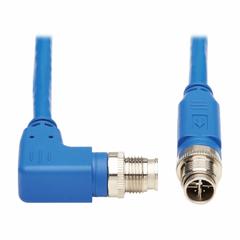 EATON TRIPP LITE Ethernet Cable: 6.6 ft Lg, X Coding, M12 Male Right Angle x M12 Male Straight, PVC (MPN NM12-603-02M-BL). Key specifications — Brand: EATON TRIPP LITE; Cable Jacket Color: Blue; End 1 Coding: X; End 2 Coding: X; IP Rating: IP68; Performance Category: Cat6; Power over Ethernet (PoE): PoE++.