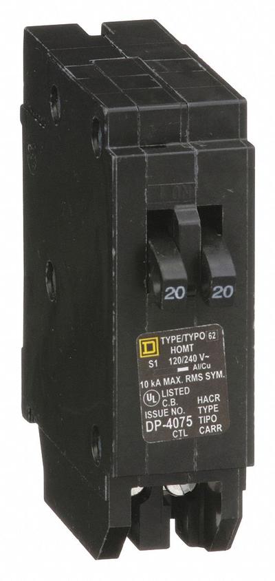 SQUARE D Miniature Circuit Breaker: 20 A, 120/240V AC, Single Phase, 10kA at 120/240V AC - HOM Series, Plug-In Square D Miniature Circuit Breakers