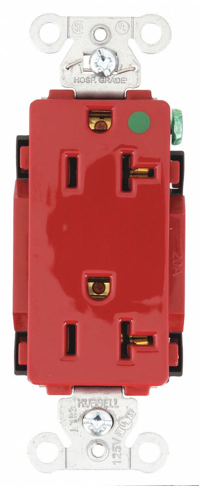 HUBBELL Receptacle: Hospital Grade Fed. Spec., Decorator Duplex, 5-20R, Red, 125V AC - General Purpose Receptacles