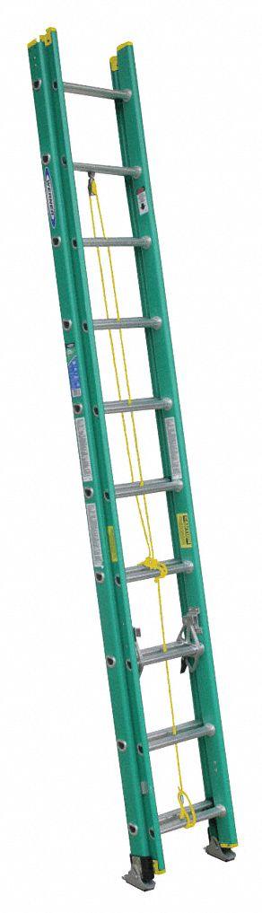 WERNER Extension Ladder: 20 ft Ladder Size, Fiberglass, 225 lb Load Capacity, 33 lb Wt - Non-Conductive Fiberglass Extension Ladders