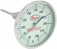 DWYER Glow-in-the-Dark Dial Thermometer: 50°F to 300°F, +/- 1% Accuracy, 5 in Dial Dia, Male (MPN GBTA54061). Key specifications — attr1275048: +/- 1%; attr1275052: DWYER.
