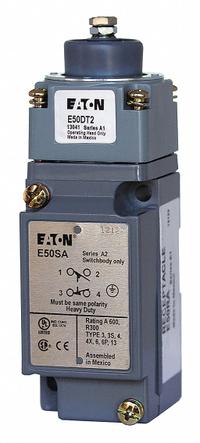 EATON Plunger Limit Switch: Plunger Actuator, Momentary/Momentary, Metallic, 8 ozf Op Force - Min (MPN E50AT2). Key specifications — Manufacturer Part Number: E50AT2; Brand: EATON; Electrical Connection: Screw Terminals; Action: Momentary/Momentary; Series: E50; Body Material Type: Metallic; Actuator Type: Plunger.