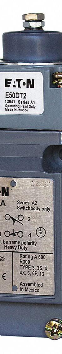 EATON Plunger Limit Switch: Plunger Actuator, Momentary/Momentary, Metallic, 8 ozf Op Force - Min (MPN E50AT2). Key specifications — Manufacturer Part Number: E50AT2; Brand: EATON; Electrical Connection: Screw Terminals; Action: Momentary/Momentary; Series: E50; Body Material Type: Metallic; Actuator Type: Plunger.