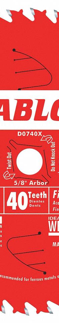 DIABLO Circular Saw Blade: 7 1/4 in Blade Dia., 40 Teeth, 0.06 in Cut Wd, 5/8 in Arbor Size, Combo (MPN D0740X). Key specifications — attr1116119: DIABLO; attr1145631: Wood.