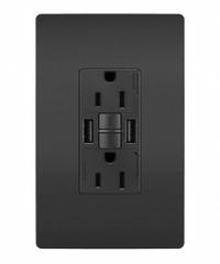 USB Receptacle: Duplex, 5-15R, 2 USB Ports, USB Type A, Black, 125V AC, 15 A, GFCI (MPN 1597TRUSBAABK). Key specifications — Brand: LEGRAND.