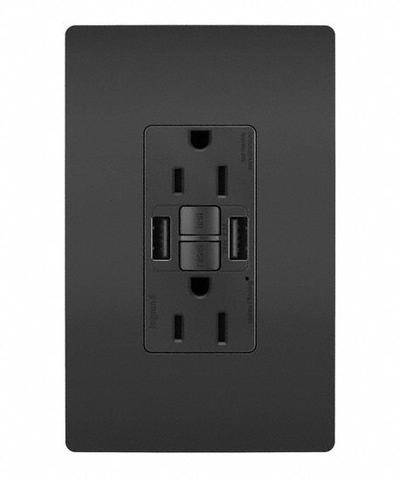 LEGRAND Receptacle: Duplex, 5-15R, 2 USB Ports, USB Type A, Black, 125V AC, 15 A - Weather-Resistant Receptacles with USB Chargers