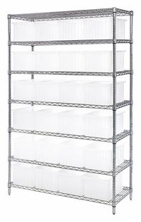 QUANTUM STORAGE SYSTEMS Bin Shelving: 48 in x 18 in x 74 in, 1 Sided, 24 Bins, Closed, Shelf Bin (MPN WR7-92080CL). Key specifications — Includes Bins: Yes; Bin Material: Polypropylene; Frame Color: Silver; Bin HxWxD: (24) 8 in x 10-7/8 in x 16-1/2 in; Frame Material: Steel; Bin Color: Clear; Bin Style: Shelf; Brand: QUANTUM STORAGE SYSTEMS.