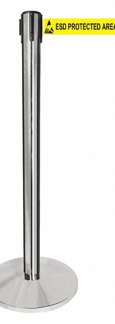 QUEUEWAY Barrier Post with Belt: Yellow, No Pattern, ESD Protected Area, 10 ft Belt Lg - Message Retractable Belt Post Barriers