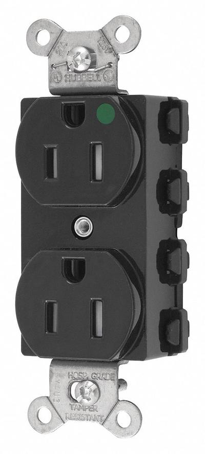 HUBBELL Receptacle: Hospital Grade Fed. Spec., Duplex, 5-15R, Black, 125V AC, 15 A - General Purpose Receptacles