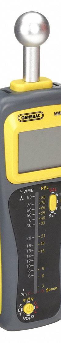 GENERAL Moisture Meter: Digital, LCD with Backlight, Pin/Pinless, Wood, Ball Pinless/Extended Pin (MPN MMD950). Key specifications — attr999354: Digital; attr1009284: Ball Pinless; attr999347: Wood; attr999350: LCD with Backlight; attr999383: ±3% of Reading + 5 Digits (Pin Mode); attr999345: GENERAL.
