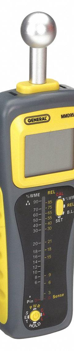 GENERAL Moisture Meter: Digital, LCD with Backlight, Pin/Pinless, Wood, Ball Pinless/Extended Pin (MPN MMD950). Key specifications — attr999354: Digital; attr1009284: Ball Pinless; attr999347: Wood; attr999350: LCD with Backlight; attr999383: ±3% of Reading + 5 Digits (Pin Mode); attr999345: GENERAL.