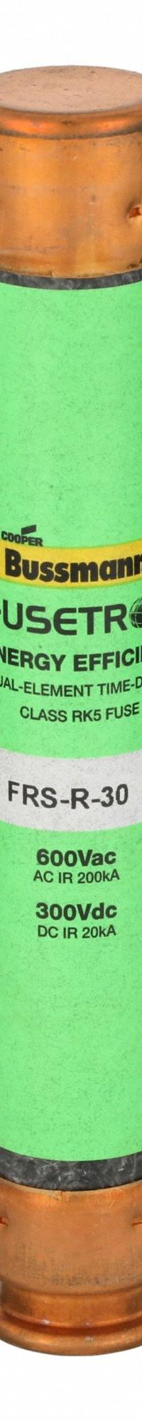 BUSSMANN Fuse: Class RK5, FRS-R Series, Time-Delay, 30 A, 600 V AC, 300 V DC, Non-Indicating (MPN FRS-R-30). Key specifications — Series: FRS-R.