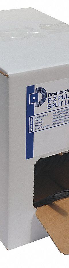 DROSSBACH Corrugated Loom Tubing: 1/4 in Nominal Size, 100 ft Overall Lg, Nylon, Black (MPN DB07LNDB-GRGR). Key specifications — Chemical Resistant: Yes; Item [MERCH]: Corrugated Loom Tubing; Inside Diameter: 0.26 in to 0.28 in; Outside Diameter: 0.37 in to 0.40 in; Self Extinguishing: No; Tubing Material: Nylon; Wall Thickness: 0.01 in to 0.06 in; Brand: DROSSBACH.