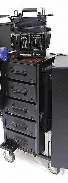 MOBILE SHOP Tool Utility Cart: Black / Black Drawer, 16 in Wd, 36 in Dp, 39 1/2 in Ht, No Lid (MPN MS-H3O-EMTY). Key specifications — attr1116772: MOBILE SHOP; attr1116768: Padlock.