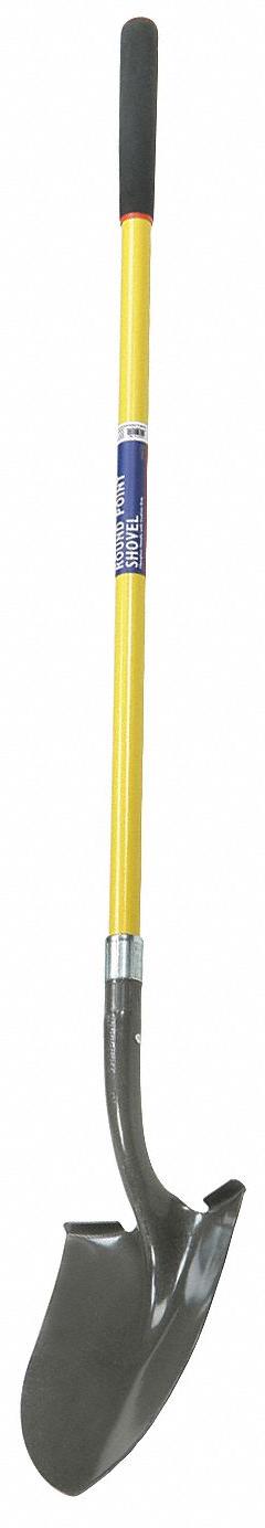 ABILITY ONE Round Point Shovel: Steel Blade, 14 ga, Straight Handle Type, Fiberglass Handle (MPN 5120-01-611-8059). Key specifications — Blade Color: Gray; Handle Color: Yellow; Blade Material: Steel.