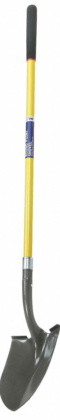 ABILITY ONE Round Point Shovel: Steel Blade, 14 ga, Straight Handle Type, Fiberglass Handle (MPN 5120-01-611-8059). Key specifications — Blade Color: Gray; Handle Color: Yellow; Blade Material: Steel.
