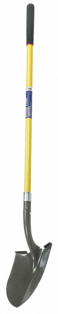 ABILITY ONE Round Point Shovel: Steel Blade, 14 ga, Straight Handle Type, Fiberglass Handle (MPN 5120-01-611-8059). Key specifications — Blade Color: Gray; Handle Color: Yellow; Blade Material: Steel.