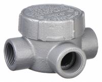 Conduit Outlet Body: Iron, GRJ, 1/2 in Trade Size, T Body, 7.3 cu in Body Capacity (MPN GRJT50). Key specifications — Series: For Round Body; Compatible Conduit Trade Size: 1/2 in; Thread Gender: Female; Hub Style: Threaded; Cover Included: Yes; Body Style: T; Connection Type: Threaded; Back Type: Round.