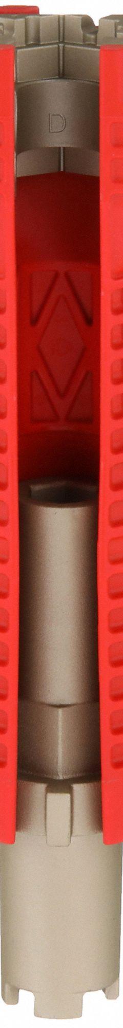 RIDGID Faucet and Sink Tool: Aluminum/Nylon, 14 in Handle Lg, 6 1/2 in, Bar Handle, (2) Inserts, Adj (MPN 57003). Key specifications — attr326397: 1 in; attr524928: Aluminum; attr542334: Adjustable; attr522391: Faucet and Sink Tool; attr542336: Bar Handle, (2) Inserts; attr326393: 6-1/2 in; attr326150: RIDGID; attr542335: Sprayers and Ball Cocks, Shut-Off Valve Attachment, Strainer Basket Attachment.