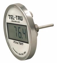 TEL-TRU Digital Thermometer: 2.5 in Stem Lg, -75°F to 750°F, ±0.5°F/0.3°C, 1/2 in Thread Size, NPT (MPN ND5BB09111-P22026). Key specifications — Thread Type: NPT; Brand: TEL-TRU; Accuracy: ±0.5 °F/0.3 °C.
